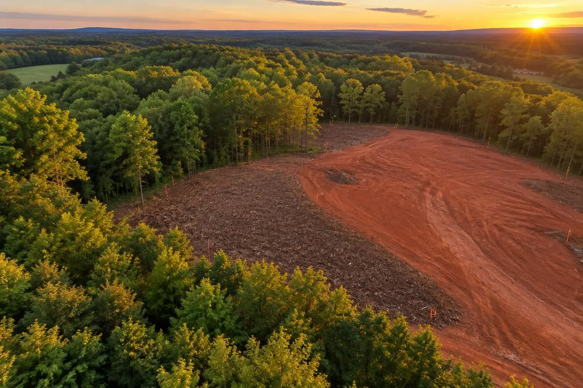 Aerial view at sunset of acreage split between dense woods, a mulched section and a cleared red clay section with survey stakes