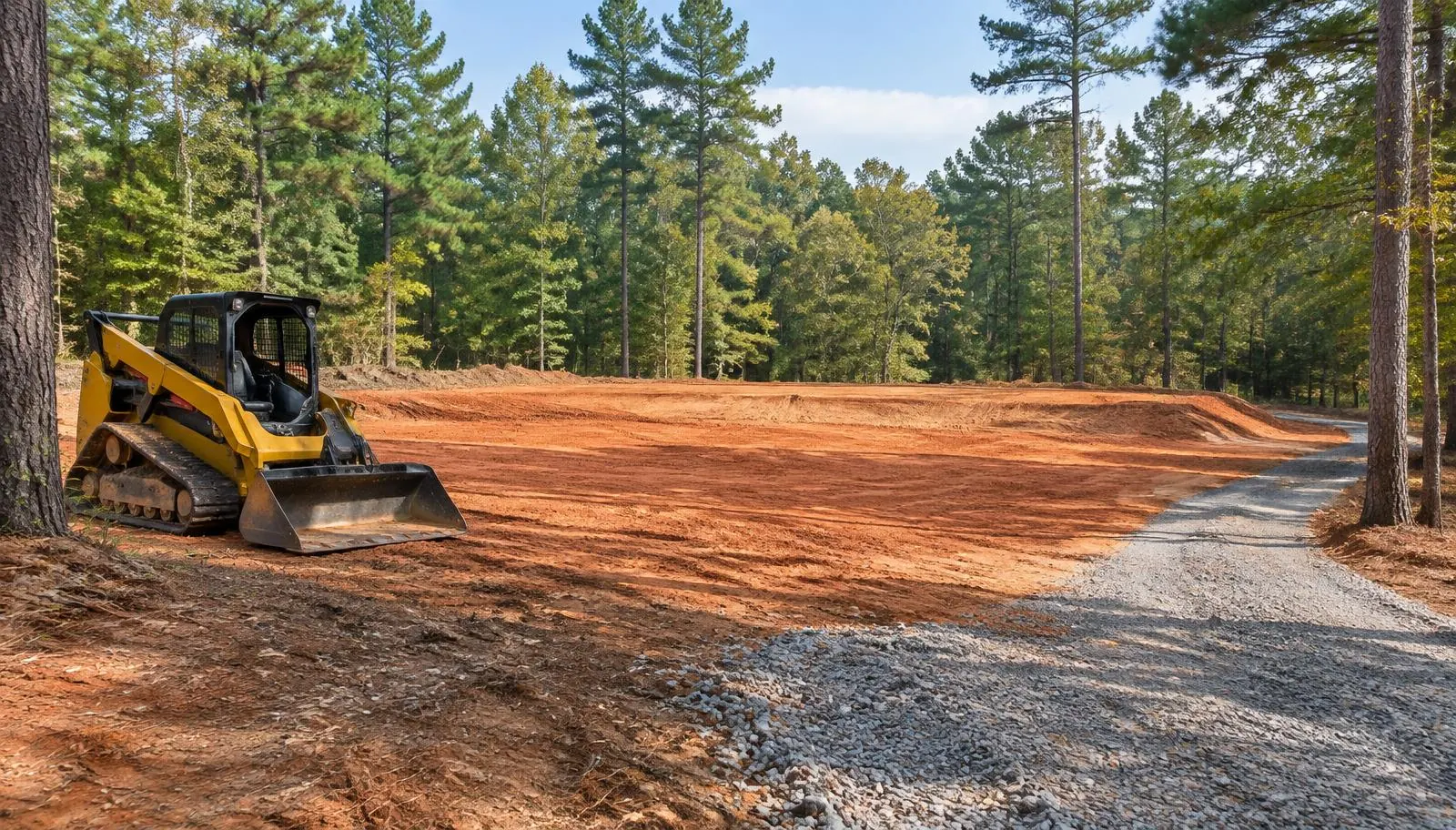 Compact track loader beside a red-clay grading area and gravel access drive bordered by Piedmont woodland