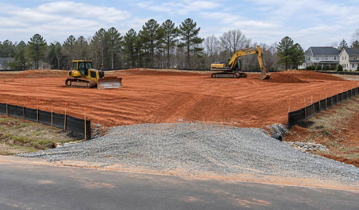 Commercial site prep with dozer, excavator, silt fence and stone construction entrance